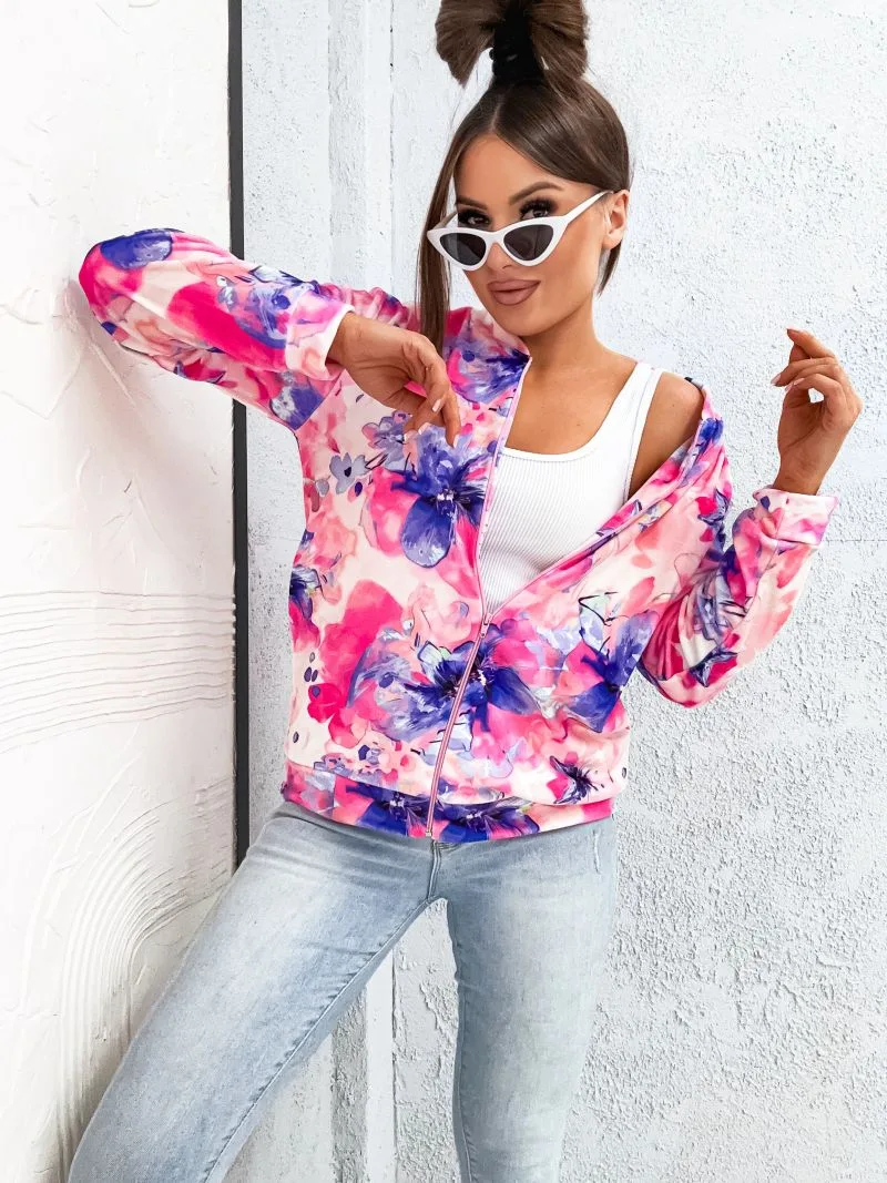 bluza welurowa rozpinana w kwiaty loren różowa