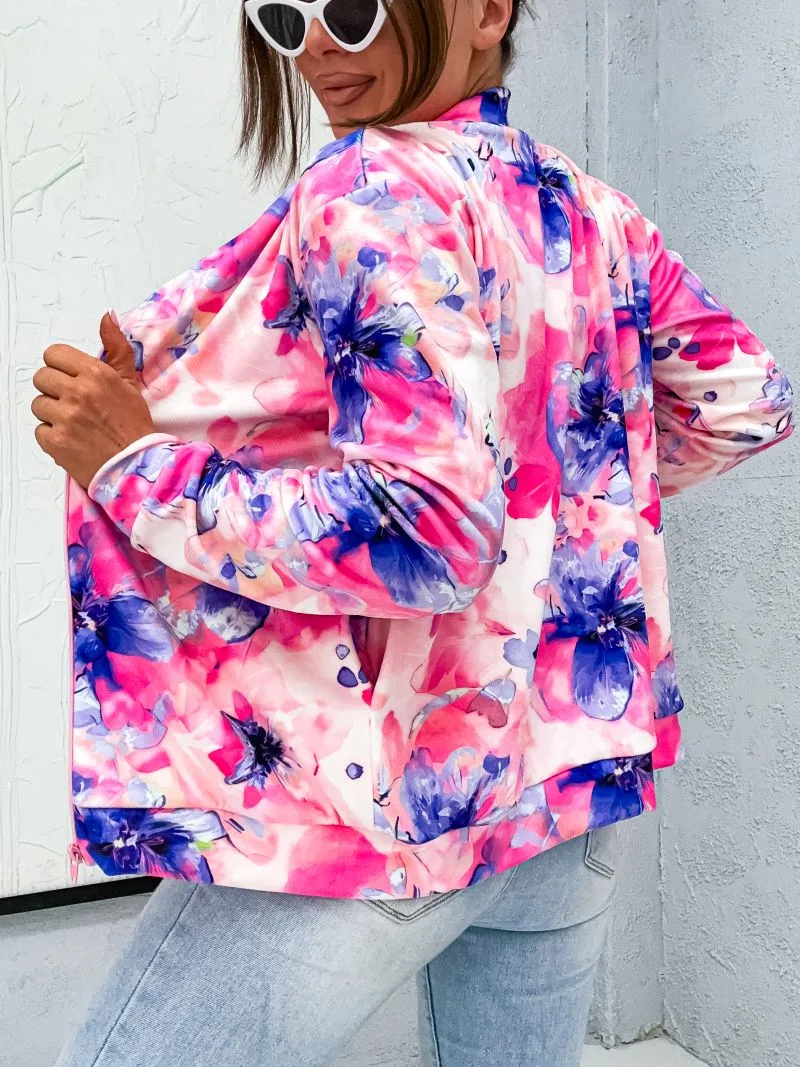 bluza welurowa rozpinana w kwiaty loren różowa