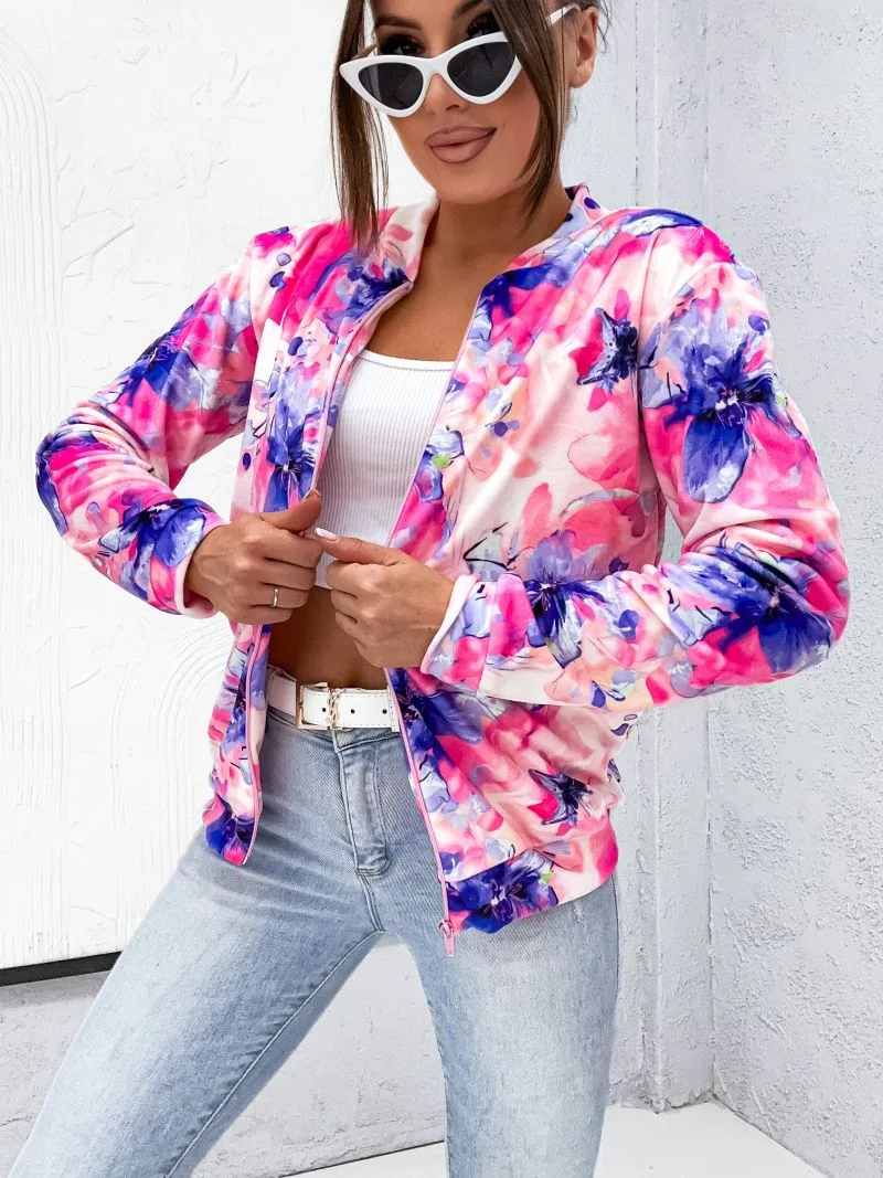 bluza welurowa rozpinana w kwiaty loren różowa