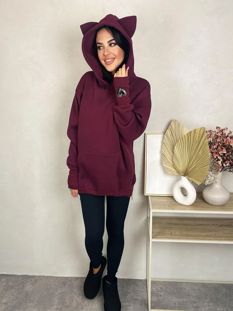 bluza z kapturem bordowa z uszami