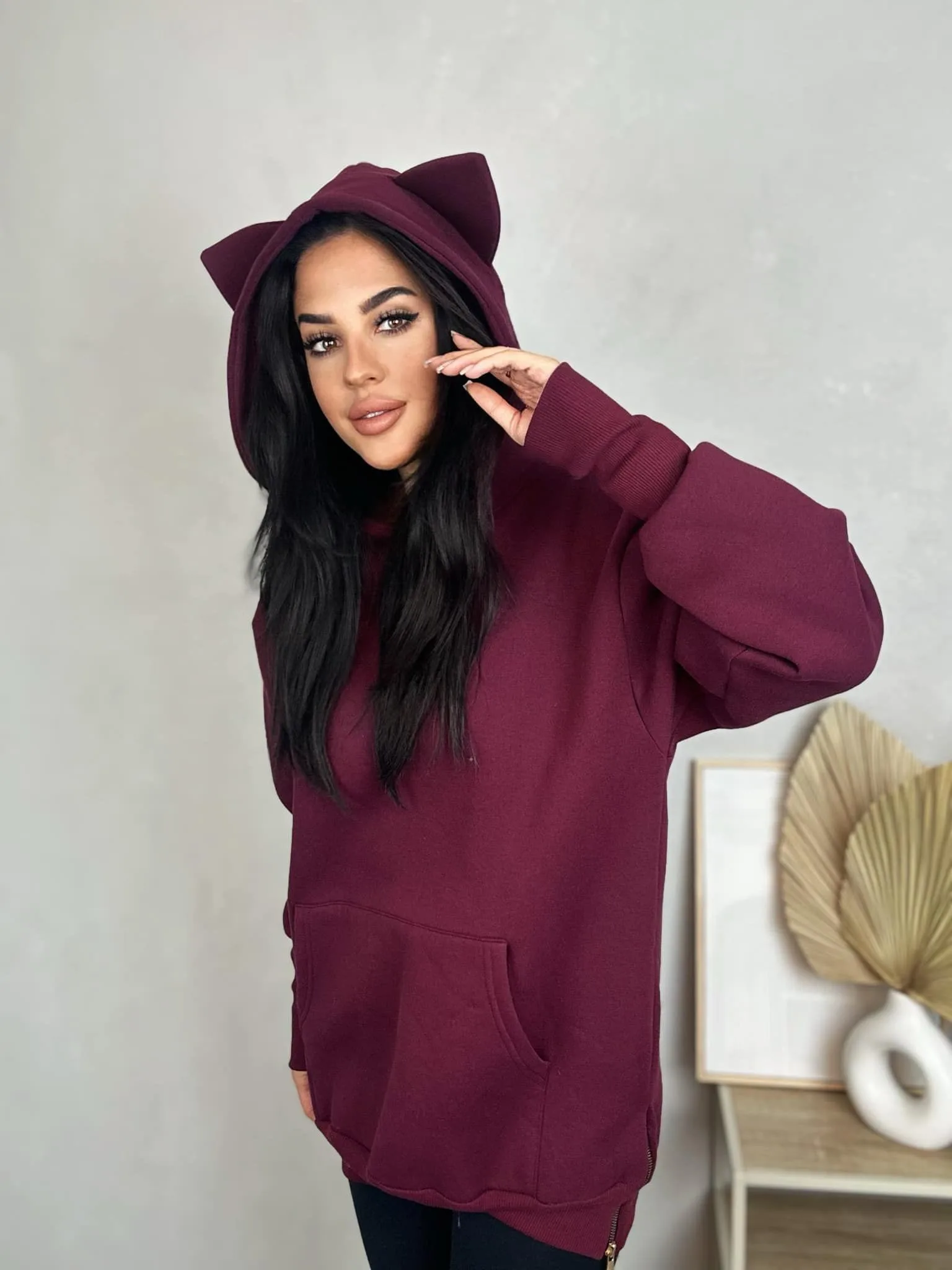 bluza z kapturem bordowa z uszami