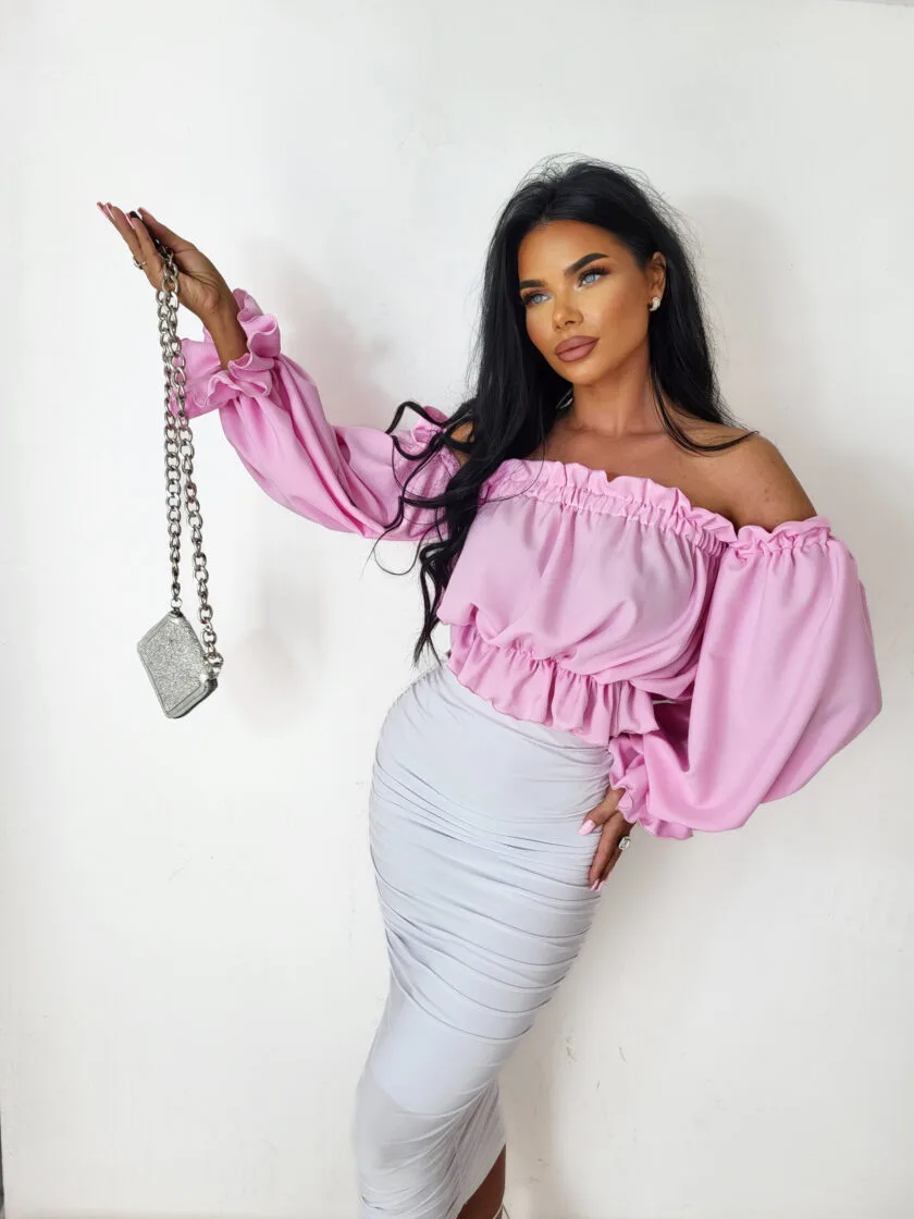 bluzka hiszpanka z długim rękawem pudrowy róż lala