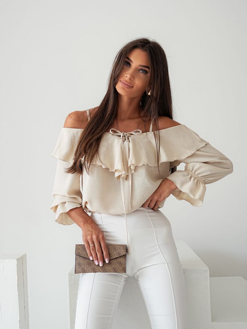 bluzka hiszpanka z długim rękawem beżowa