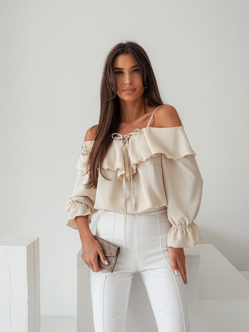 bluzka hiszpanka z długim rękawem beżowa