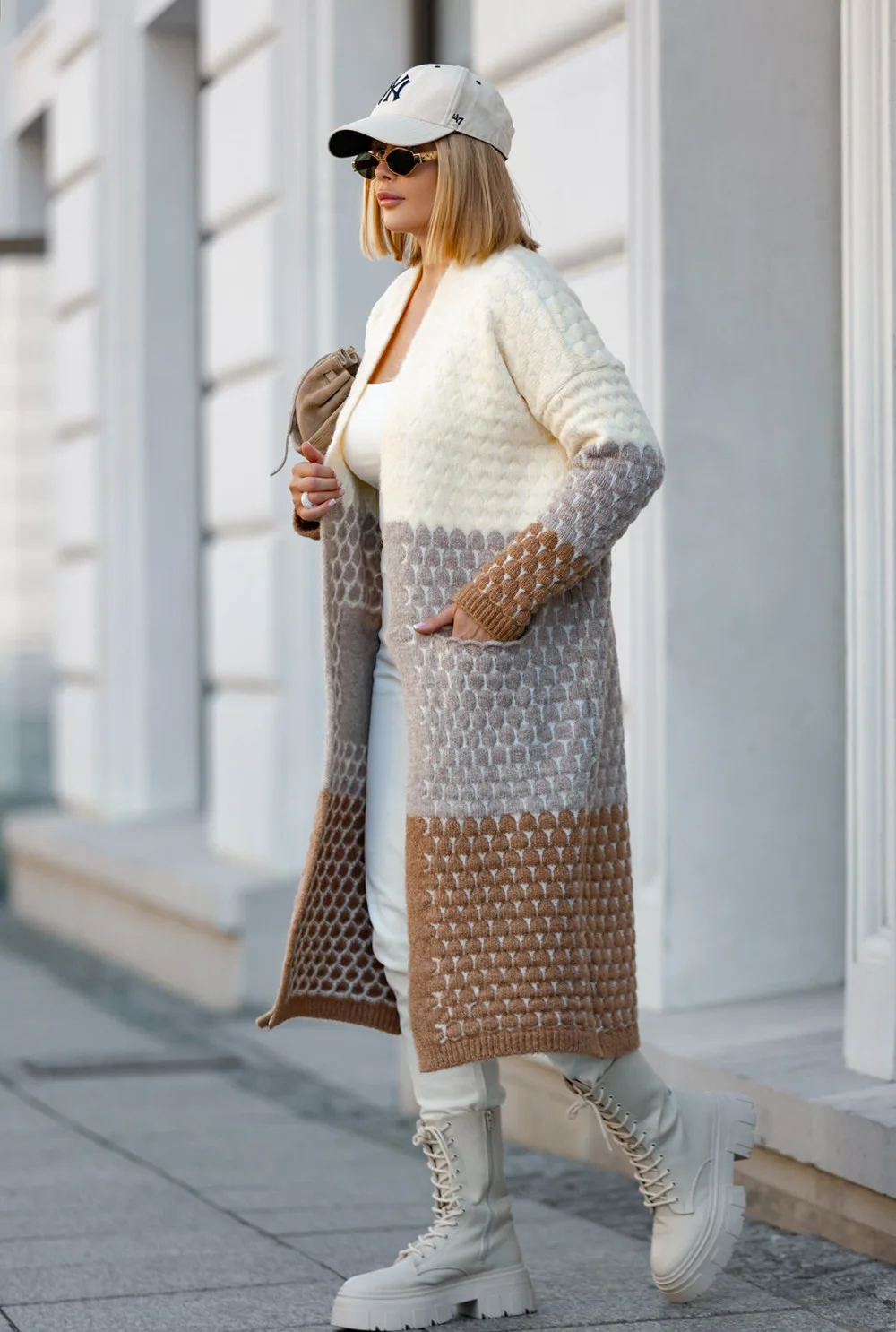 długi kardigan z kieszeniami becca beż wanilia karmel