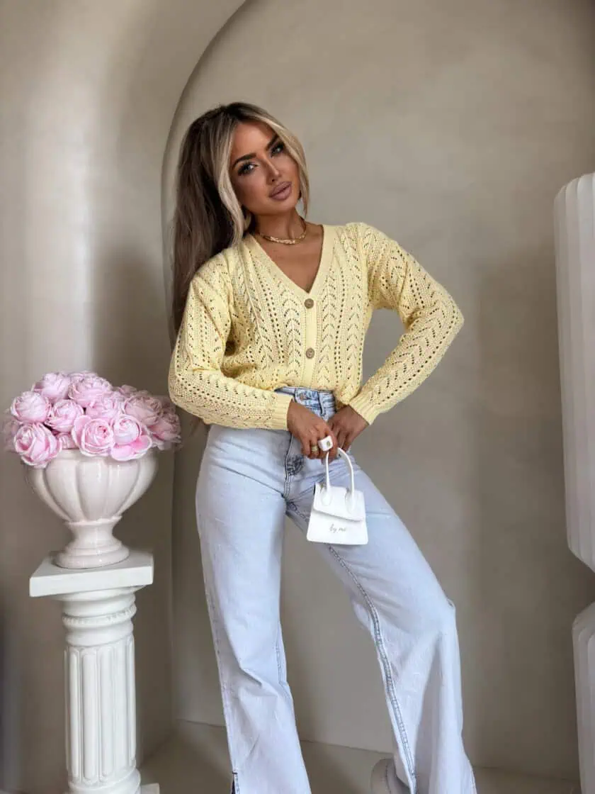 Sweter rozpinany ażurowy żółty WOOD - obrazek 4