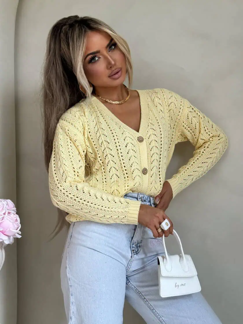 Sweter rozpinany ażurowy żółty WOOD - obrazek 2