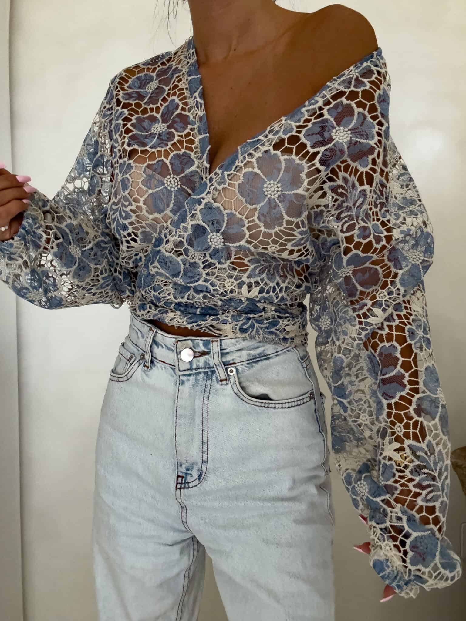 Bluzka kimono ażurowa - niebieska - obrazek 5